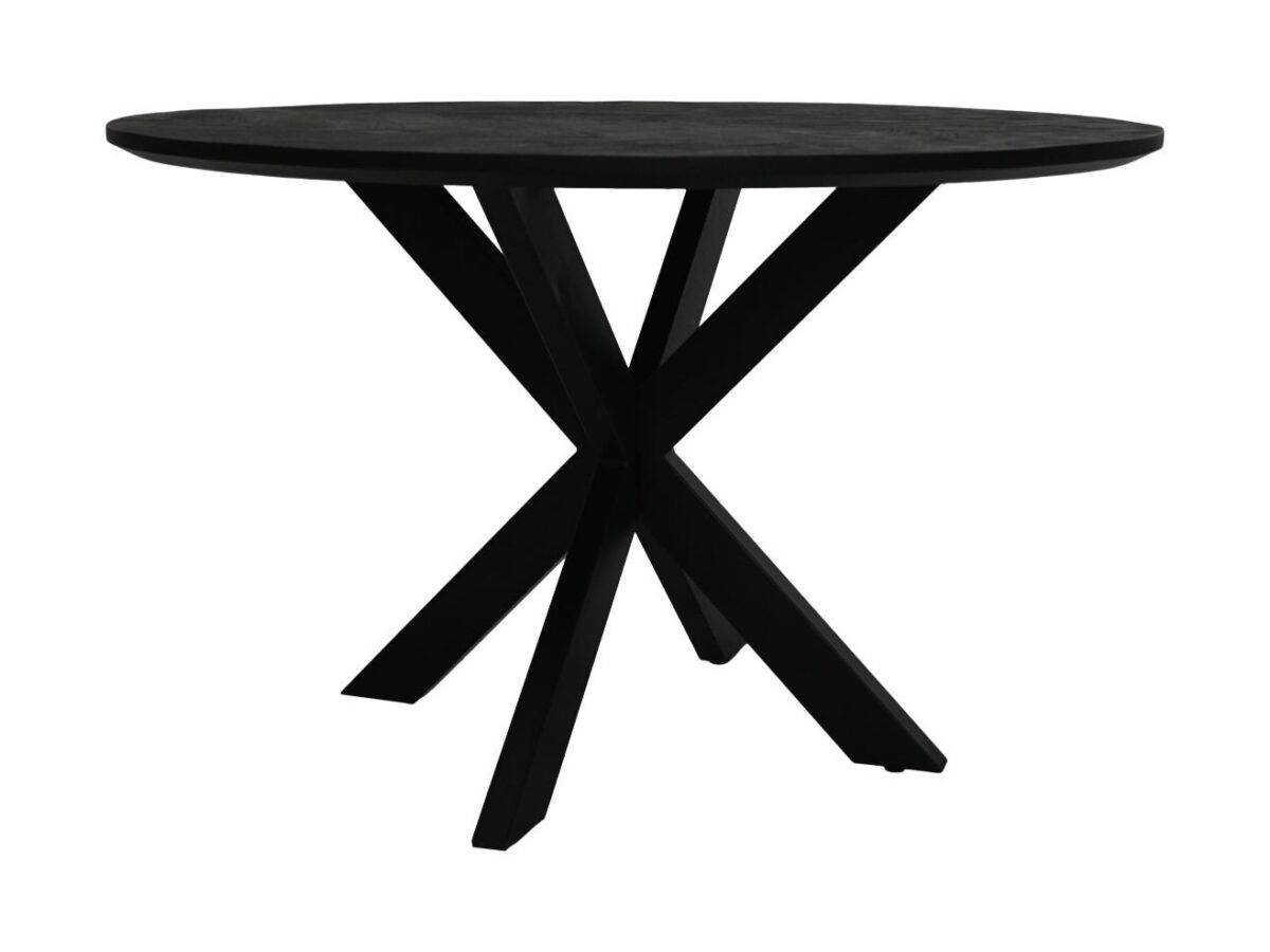 Een ronde, zwarte tafel met een modern design, met vier schuine poten die in het midden samenkomen en een X-vormig onderstel vormen.