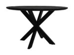 Een ronde, zwarte tafel met een modern design, met vier schuine poten die in het midden samenkomen en een X-vormig onderstel vormen.