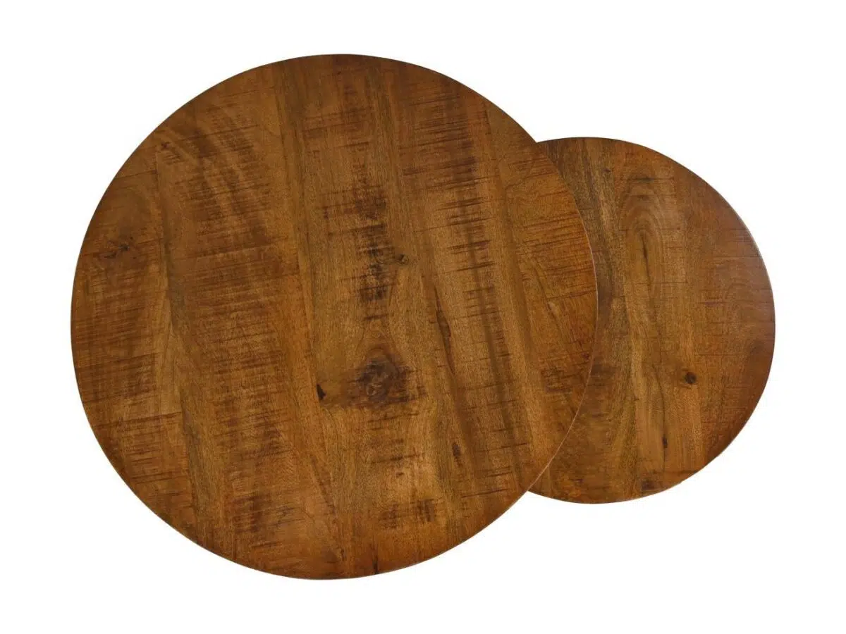 Twee overlappende houten ronde tafelbladen met een natuurlijke houtnerf en warme bruine kleur. Het grotere tafelblad bevindt zich aan de linkerkant en bedekt gedeeltelijk het kleinere aan de rechterkant. Beide vertonen een rustieke afwerking met zichtbare texturen en knopen.