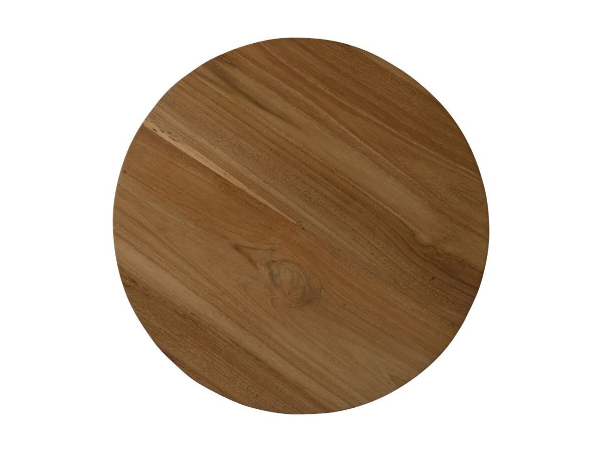 Een rond, plat houten oppervlak met een gladde afwerking en zichtbare natuurlijke nerfpatronen. Het hout is lichtbruin met subtiele variaties in toon, wat een eenvoudig en rustiek uiterlijk laat zien.