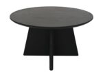 Een moderne zwarte ronde salontafel met een glad plat bovenblad en een hoekige geometrische basis, die een strak en minimalistisch design biedt. De tafel is geplaatst tegen een effen witte achtergrond.