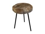 Een kleine ronde bijzettafel met een dik, natuurlijk houten blad en drie dunne, zwarte metalen poten. De tafel heeft een rustieke uitstraling met zichtbare houtnerf en texturen.