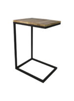 Een moderne, minimalistische C-vormige bijzettafel met een houten blad en een zwart metalen frame.