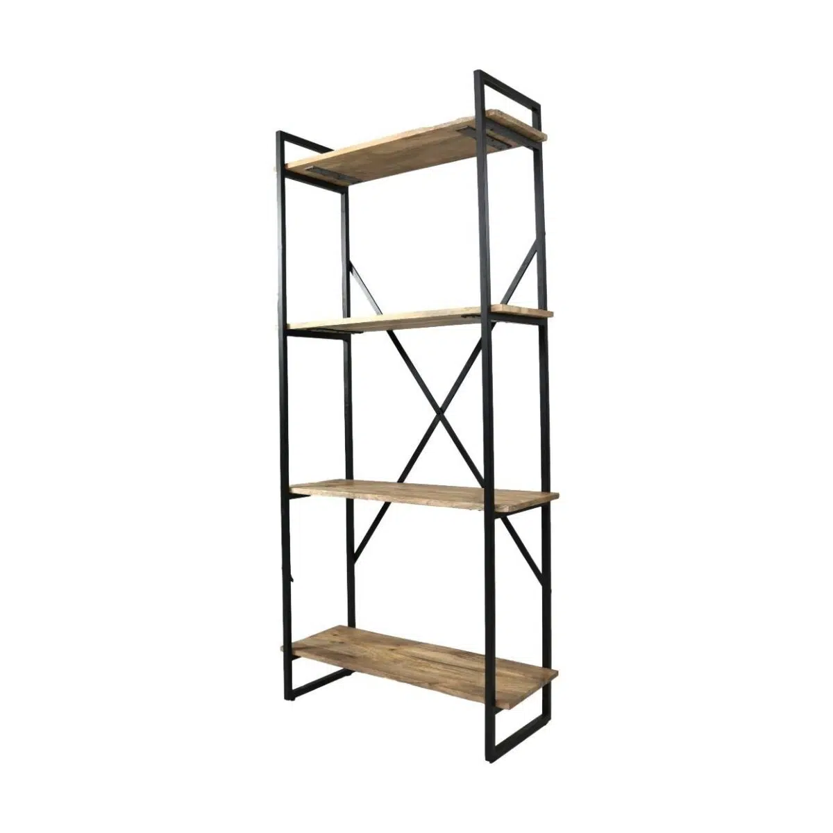 Een hoge industriële stijl stellingkast met vier houten planken en een zwart metalen frame. Het open frame ontwerp bevat een X-vormige steun aan de achterkant, geschikt voor het tentoonstellen van items in verschillende ruimtes.
