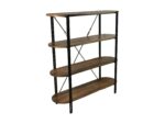 Een houten stellingkast met vier planken en een metalen frame. De planken zijn karamelbruin, met afgeronde randen, en het frame is zwart. De kast heeft dwarsbalken voor ondersteuning aan de achterkant.