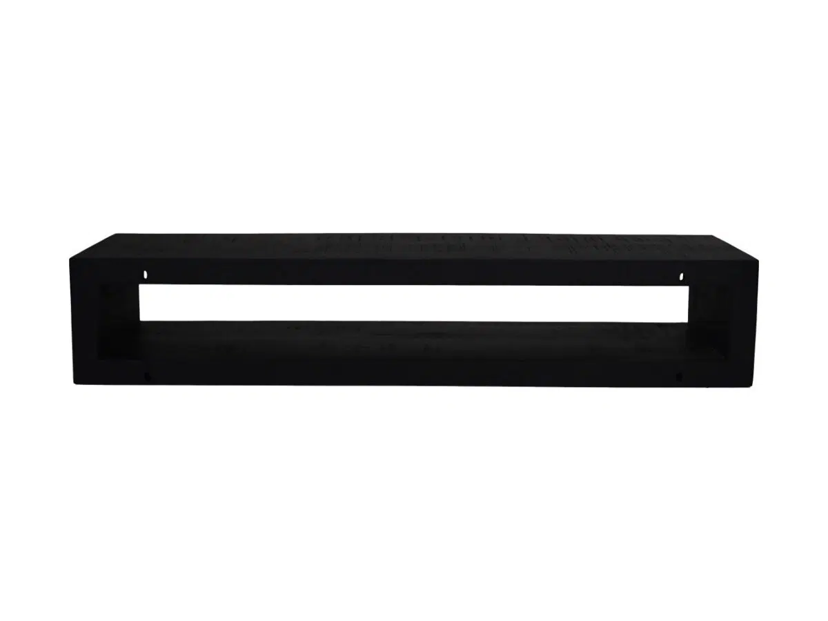 Een lange, rechthoekige zwarte displayplank met een open voor- en achterkant, ontworpen om aan een muur te worden bevestigd. De plank heeft een minimalistische en moderne uitstraling.