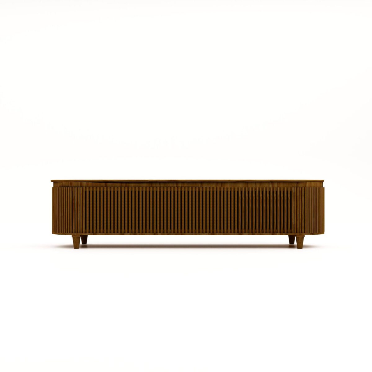 Een houten mediaconsole met een lattenontwerp, met een laag profiel en vier korte poten. De console heeft een strak en minimalistisch uiterlijk, geschikt voor hedendaagse interieurs.