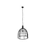 Een zwarte, kooivormige hanglamp met een koepelvormig metalen frame, hangend aan het plafond met een ketting. Het ontwerp is industrieel en minimalistisch, met een rasterpatroon.
