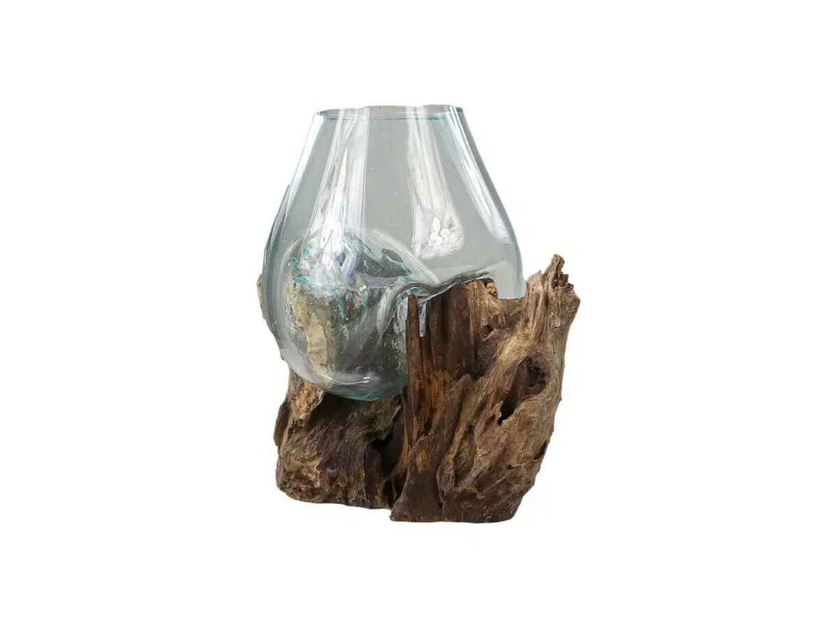 Heldere glazen vaas die op natuurlijke wijze rust op een stuk drijfhout, waardoor een artistiek en organisch stuk ontstaat. Het glas heeft een asymmetrische vorm, die nauw aansluit op de rondingen van het gedraaide hout. De achtergrond is effen wit.