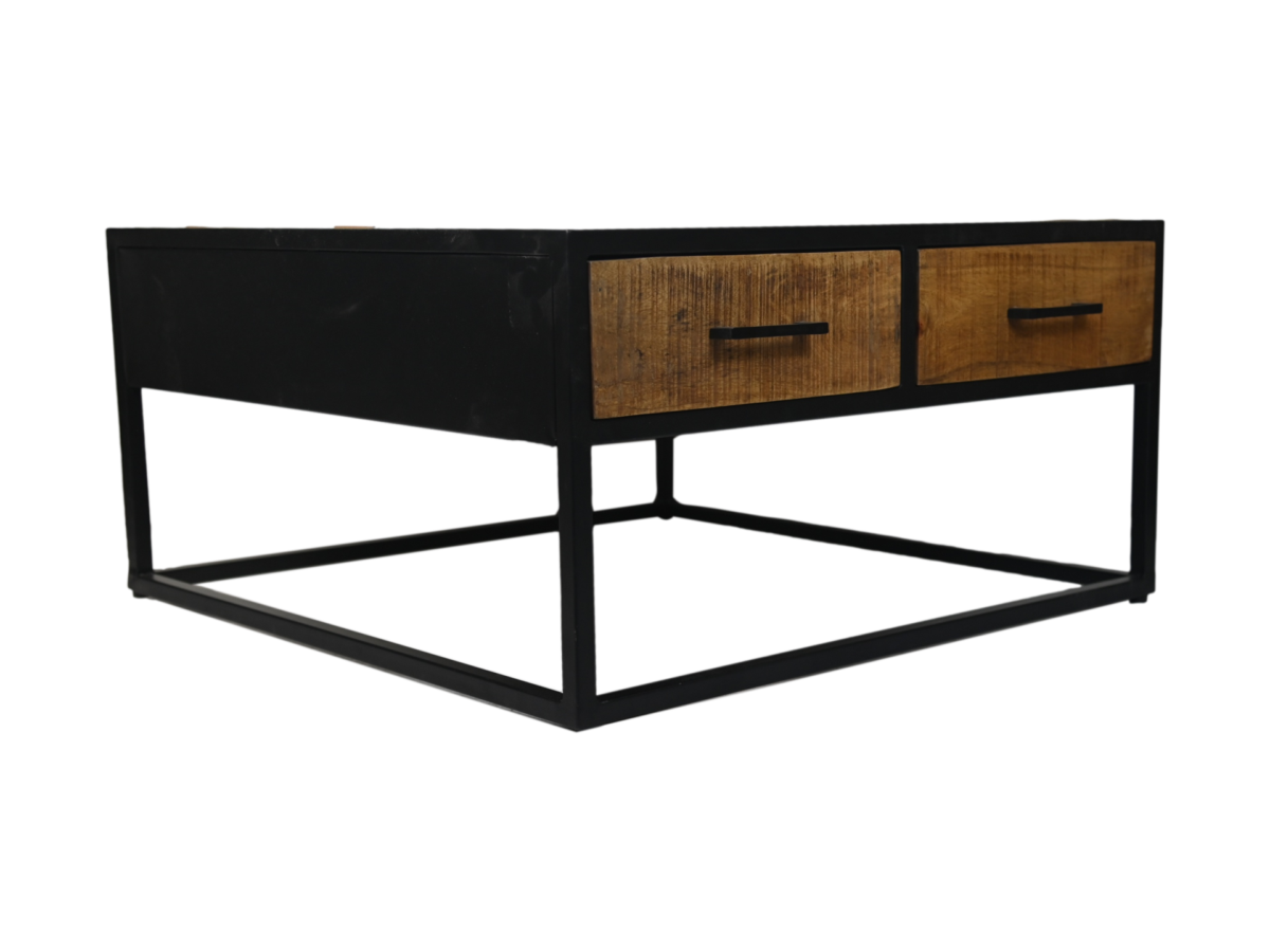 Een moderne bijzettafel met een zwart metalen frame en twee houten lades met zwarte handgrepen. De tafel heeft een open design met een minimalistische en industriële stijl.