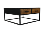 Een moderne bijzettafel met een zwart metalen frame en twee houten lades met zwarte handgrepen. De tafel heeft een open design met een minimalistische en industriële stijl.