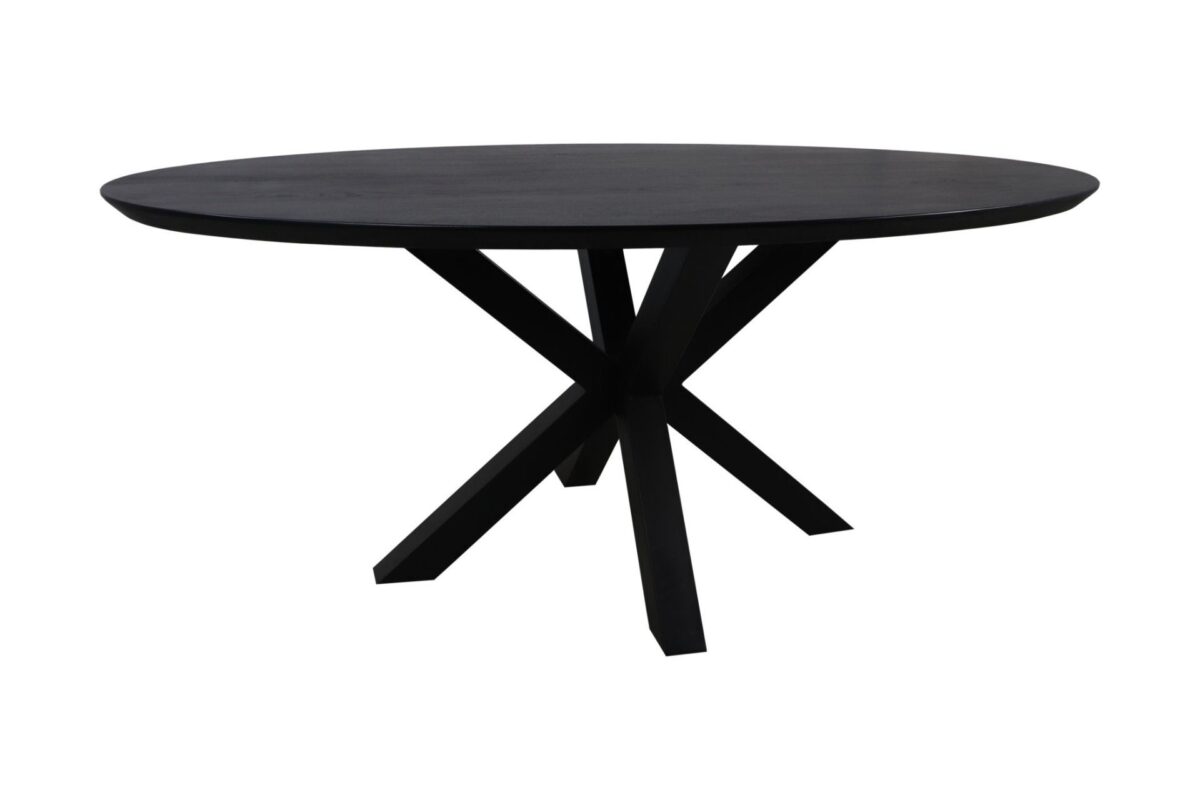 Een ronde zwarte tafel met een glad oppervlak en een unieke gekruiste basis bestaande uit vier schuine poten. Het moderne ontwerp geeft het een strakke en stijlvolle uitstraling die geschikt is voor hedendaagse interieurs.