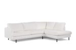 Witte L-vormige sectionele bank met een modern design, met zachte kussens en zwarte poten. De stof ziet er zacht en gestructureerd uit, wat zorgt voor een eigentijdse en comfortabele look, tegen een effen witte achtergrond.