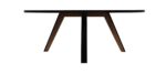 Een ronde, zwarte tafel met een minimalistisch ontwerp, met drie houten poten die in het midden samenkomen, staat tegen een witte achtergrond.