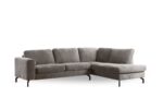3 zits hoek rechts in stof Perfect Harmony 04 (R720 champagne) met drie zitkussens, zachte rugkussens en slanke zwarte metalen poten, gepresenteerd tegen een witte achtergrond.
