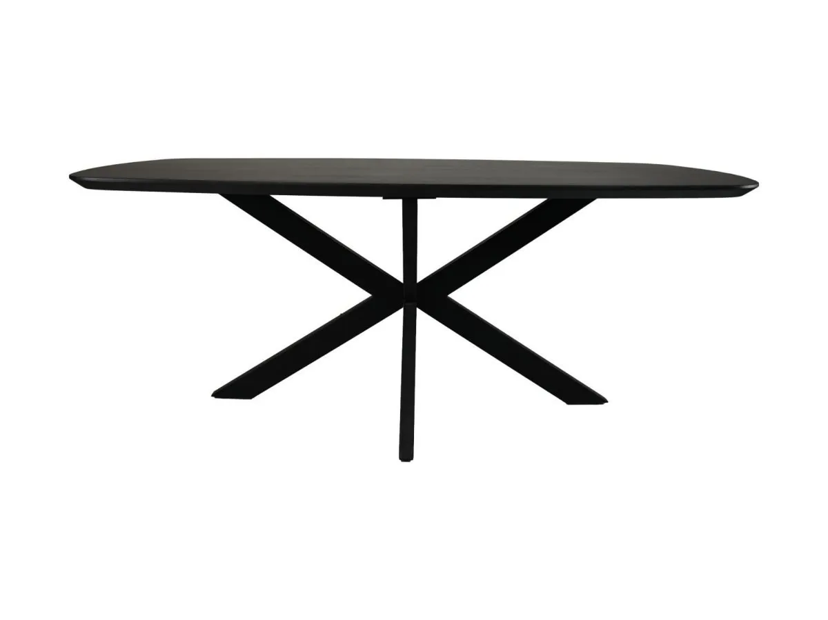 Een zwarte eettafel met een rechthoekig blad en een modern X-vormig onderstel, geïsoleerd op een witte achtergrond.