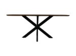 Een ronde houten tafel met een donkerbruin blad en zwarte metalen kruisvormige poten, gezien vanaf de zijkant tegen een witte achtergrond.