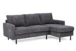 De 3 zits bank CL L+R, stof RIB, RIB230 antraciet is een modern grijs corduroy sectionaal met drie zit- en rugkussens, een chaise lounge aan de rechterkant, smalle armleuningen en zwarte metalen poten.