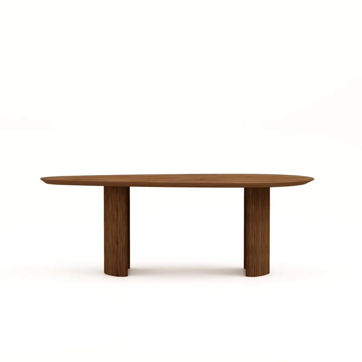 Een minimalistische houten tafel met een glad, ovaal blad en twee dikke cilindrische poten. De tafel staat tegen een effen witte achtergrond, wat het eenvoudige ontwerp en de natuurlijke houtafwerking benadrukt.