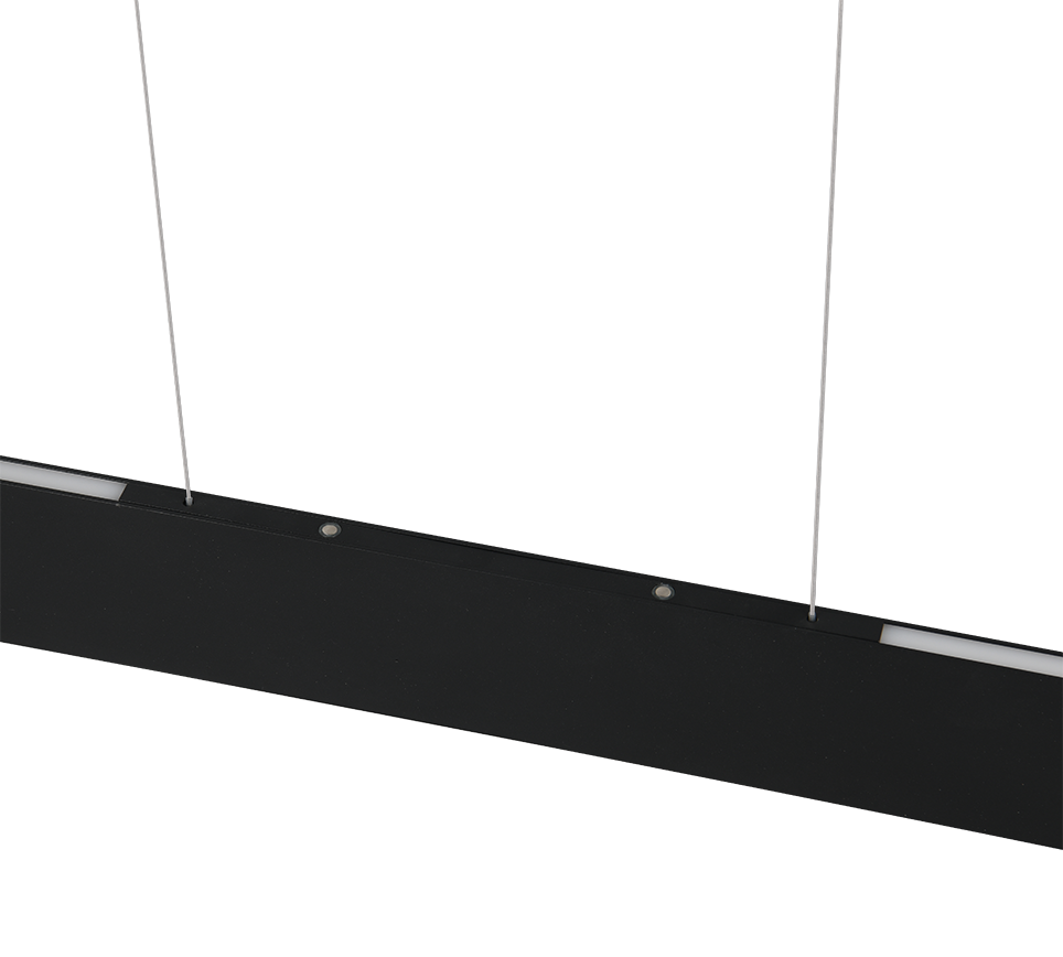 Een zwarte rechthoekige lamp die aan het plafond hangt met twee dunne metalen kabels. De lamp heeft een strak, modern design met kleine ronde elementen over de lengte, tegen een effen, witte achtergrond.