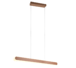 Een moderne, langwerpige hanglamp met een houten afwerking, opgehangen aan het plafond met twee kabels. Het heeft een strak, minimalistisch ontwerp met gloeiende randen, wat zorgt voor een eigentijdse esthetiek.