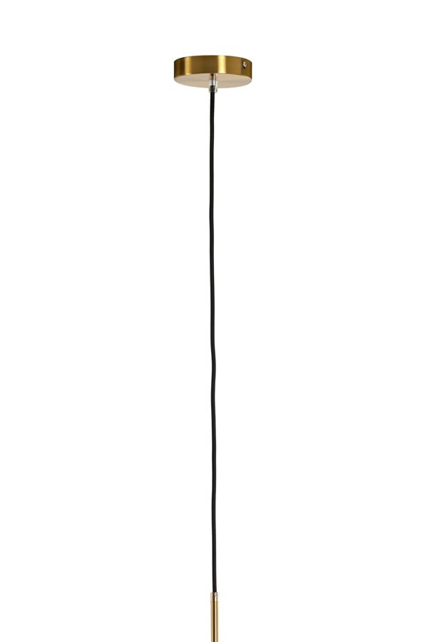 Een messingkleurige plafondlamp met een ronde basis en een zwart snoer dat naar beneden hangt. De punt van de lamp is zichtbaar, wat een eenvoudig en modern ontwerp laat zien.
