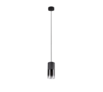 Een strakke, zwarte hanglamp met een cilindrisch ontwerp hangt aan een smal snoer. Het onderste gedeelte is licht taps toelopend en lijkt ontworpen voor moderne interieurs.