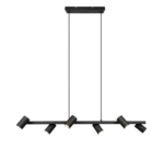 Een moderne zwarte plafondlamp met zes verstelbare cilindrische spots, opgehangen aan twee kabels aan een rechthoekige plafondbevestiging. Het ontwerp is strak en minimalistisch.