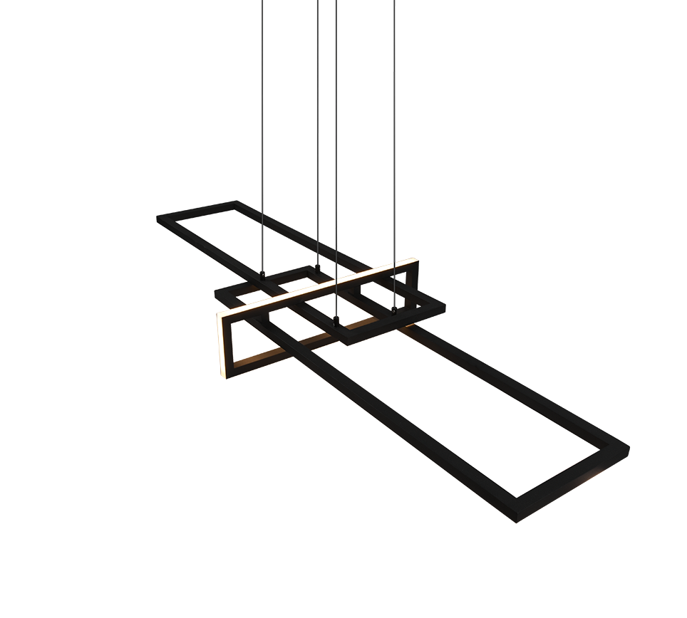 Een moderne, geometrische kroonluchter met rechthoekige, zwarte metalen frames en geïntegreerde led-verlichting die aan het plafond hangt, waardoor een abstract, kruisend patroon ontstaat.
