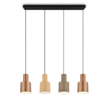 Vier cilindrische hanglampen hangen aan een rechthoekige zwarte plafondbevestiging. Elke lamp heeft een strak, modern design met verschillende tinten: koper, beige en taupe. De lampen zijn gelijkmatig verdeeld en hangen aan zwarte snoeren.