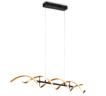 Moderne hanglamp met een strak, golvend design, hangend aan een zwart rechthoekig plafondarmatuur. De lamp heeft verweven rondingen met een gouden afwerking, verbonden door dunne draden, wat een elegante, eigentijdse uitstraling creëert.