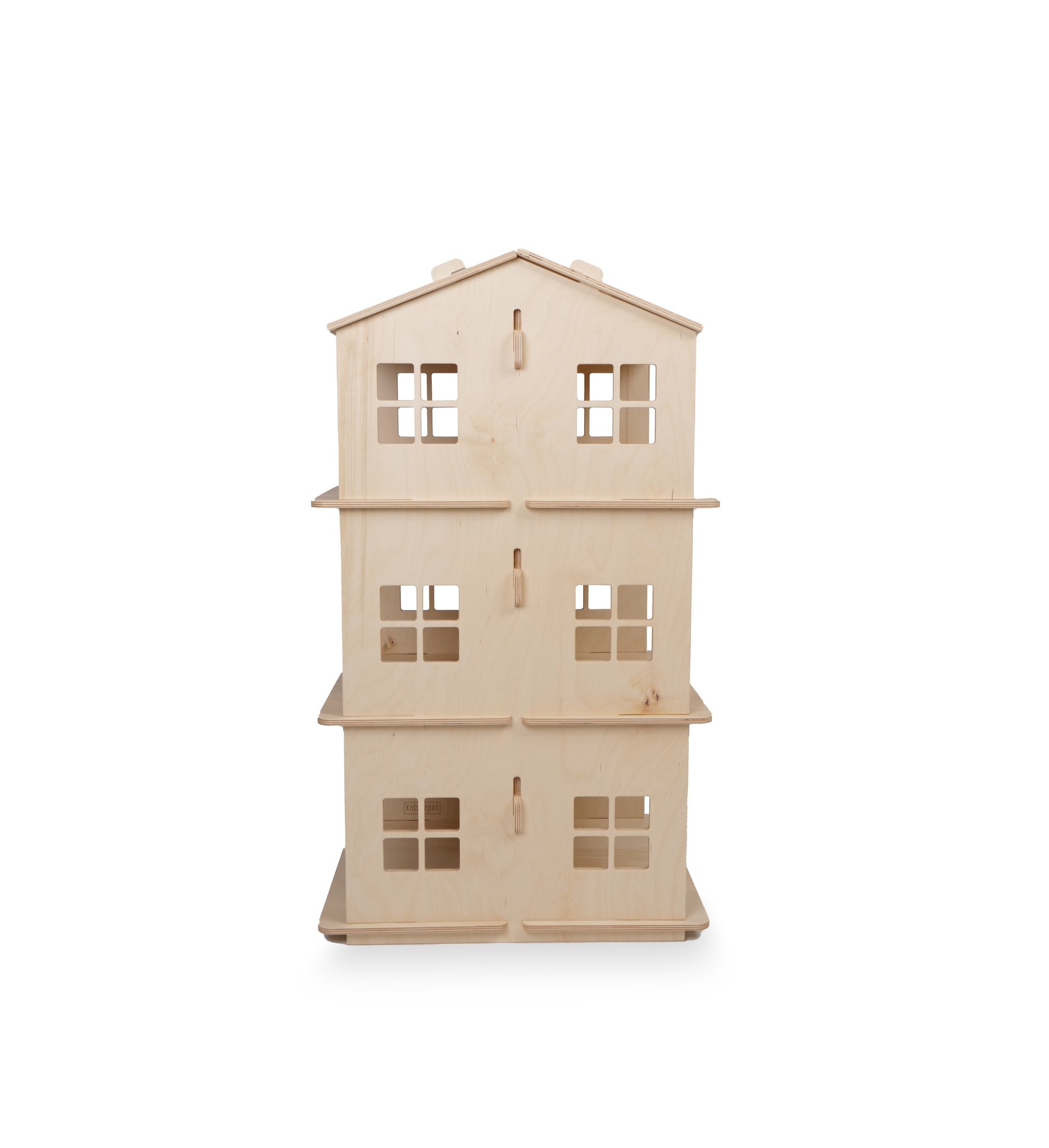 Houten poppenhuis met drie verdiepingen, met een eenvoudig ontwerp. Elk niveau heeft uitgesneden ramen en deuren. De structuur is van natuurlijke houtkleur en mist interieurdetails.