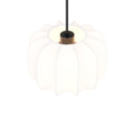 Witte, geschulpte hangende hanglamp met een gestructureerd oppervlak, opgehangen aan een zwarte staaf. Het ontwerp lijkt op een zachte, ronde lantaarn.