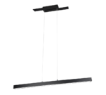 Een strakke, moderne hanglamp met een dunne, langwerpige zwarte balk die horizontaal hangt met twee dunne draden die bevestigd zijn aan een rechthoekige plafondlamp.
