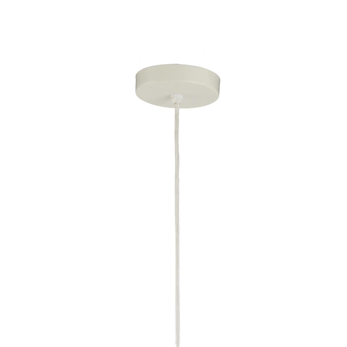 Minimalistische plafondlamp met een ronde, witte kap bevestigd aan een wit snoer. Het snoer hangt verticaal, zonder zichtbare lamp of peertje. De achtergrond is effen wit, wat de eenvoud van het armatuur benadrukt.