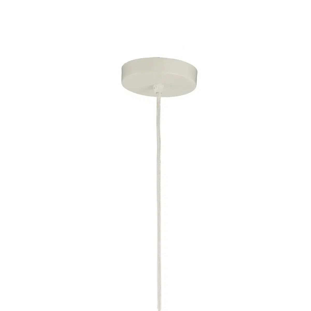 Minimalistische plafondlamp met een ronde, witte kap bevestigd aan een wit snoer. Het snoer hangt verticaal, zonder zichtbare lamp of peertje. De achtergrond is effen wit, wat de eenvoud van het armatuur benadrukt.