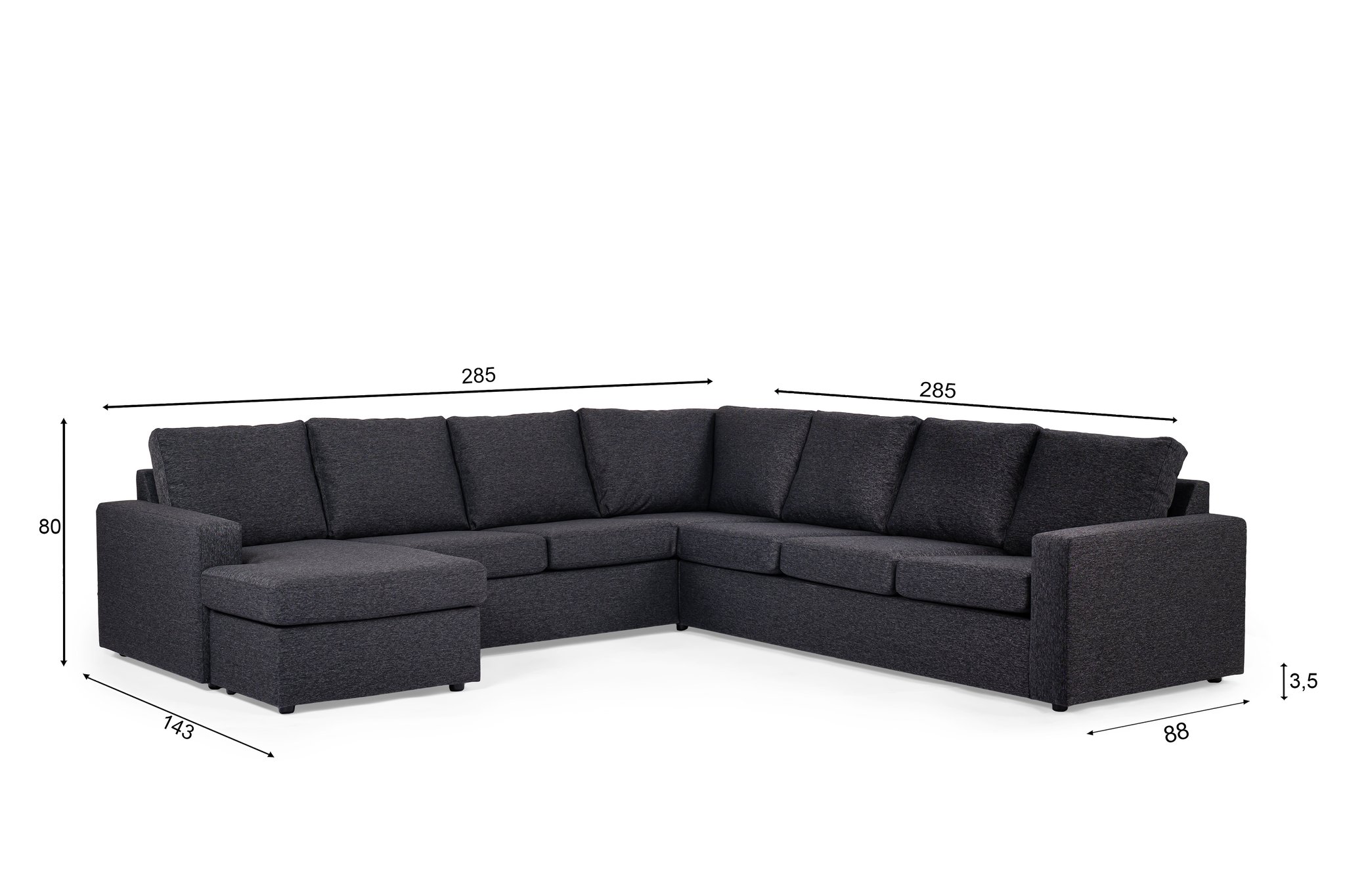 Een donkergrijze L-vormige sectionele bank met een chaise longue aan de linkerkant. De rugleuning heeft meerdere kussens. Afmetingen zijn aangegeven: 285 cm breed aan beide kanten, 80 cm hoog, 88 cm diep en 143 cm voor de chaise longue.