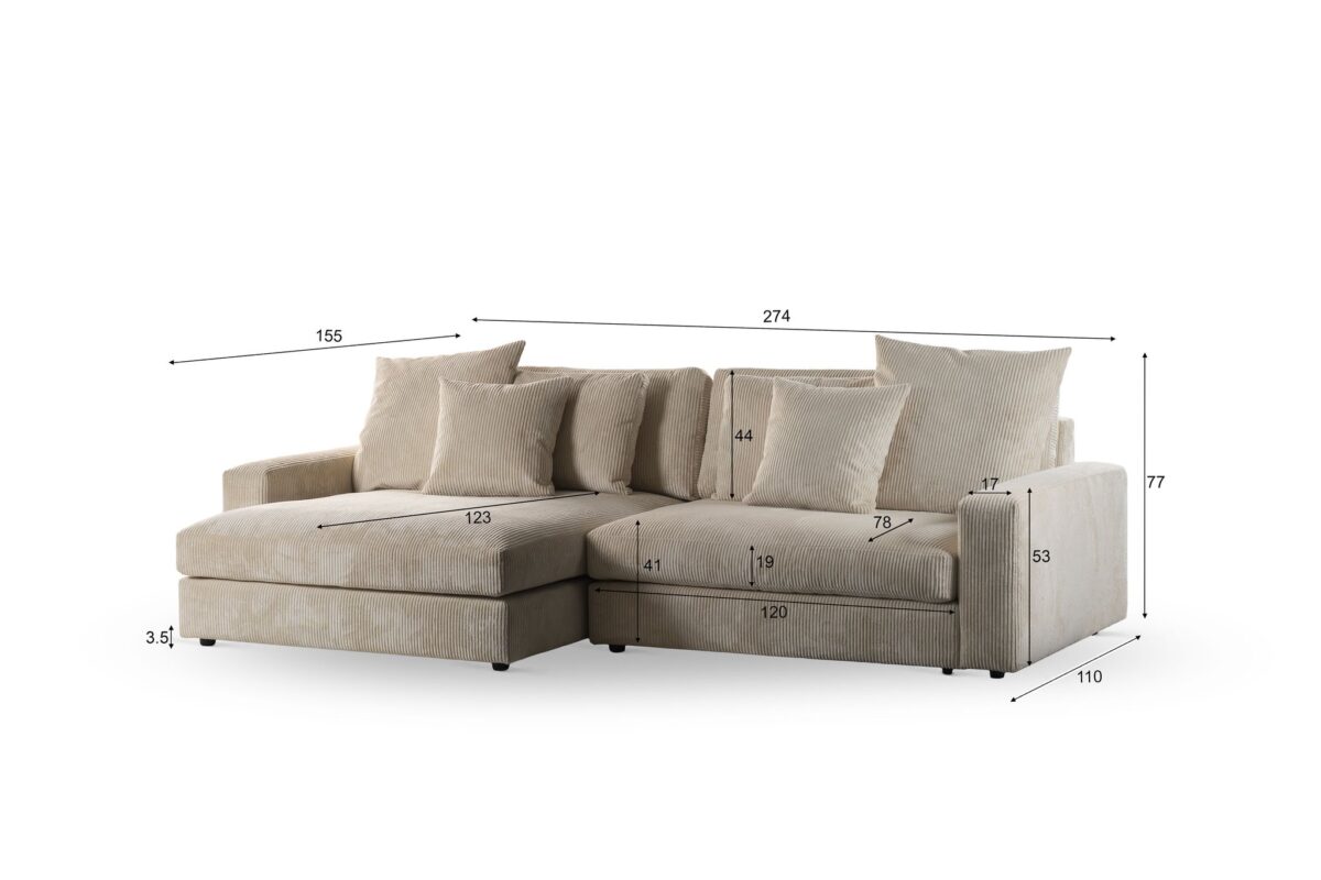3 zits bank CL L+R in Lincoln 83 stof, kleur RIB920 naturel, met zes kussens, gepresenteerd op een witte achtergrond. Zwarte lijnen en nummers tonen afmetingen in cm: lengte, hoogte en diepte van de bank.
