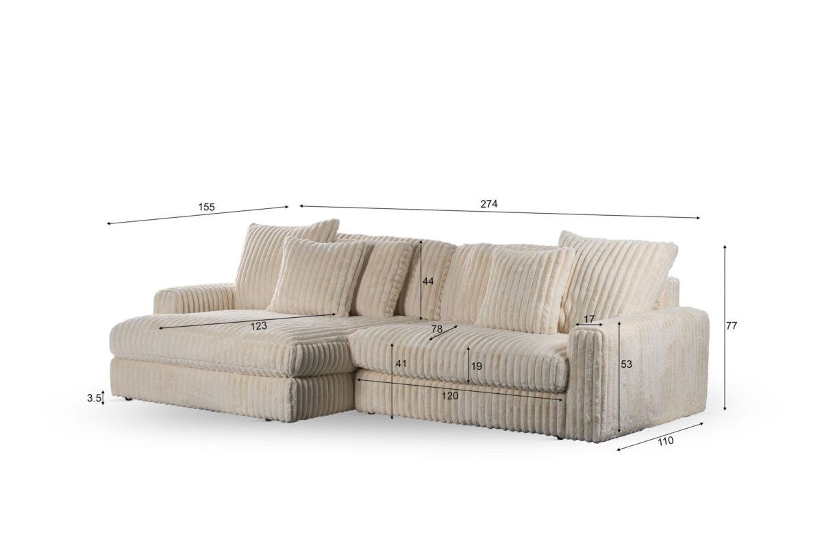 Crèmekleurige 3-zits bank CL L+R, stof Vito 23 D460 beige. 7-kussens corduroy sectioneel met opschrift in centimeters breedte, diepte, hoogte en zitvlak. Afgebeeld op een witte achtergrond.