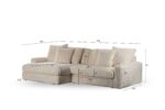 Crèmekleurige 3-zits bank CL L+R, stof Vito 23 D460 beige. 7-kussens corduroy sectioneel met opschrift in centimeters breedte, diepte, hoogte en zitvlak. Afgebeeld op een witte achtergrond.