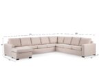 Een beige L-vormige sectionele bank met een chaise longue aan de linkerkant. Het heeft gestoffeerde zittingen en rugleuningen. De getoonde afmetingen zijn: 345 cm breed, 285 cm voor het rechtergedeelte, 143 cm voor de chaise longue, 80 cm hoog en 75 cm diep.