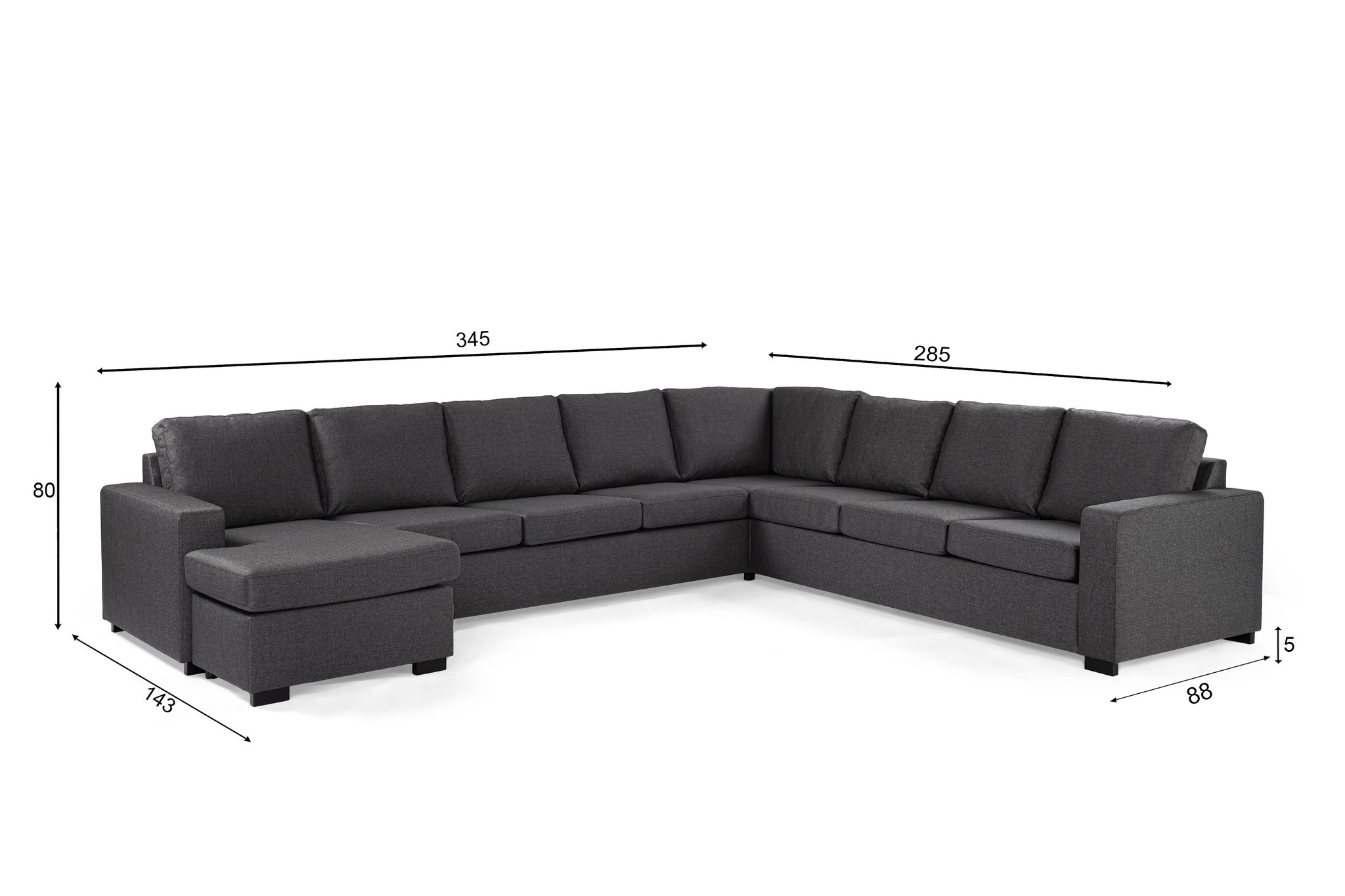 Donkergrijze L-vormige sectionele bank met gestoffeerde zitting en rugleuningen. Afmetingen zijn aangegeven: 345 cm en 285 cm voor de zijkanten, 143 cm diepte voor de chaise longue, 88 cm diepte voor de hoofdzittingen, 80 cm hoogte en 5 cm poothoogte.