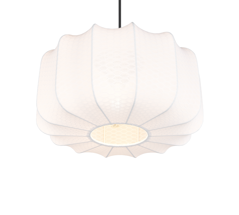 Een witte, ingewikkeld ontworpen hanglamp met een gestructureerd oppervlak dat lijkt op een honingraatpatroon, opgehangen aan een zwart snoer. De lamp heeft een ronde, geschulpte vorm met zachte ribbels.