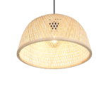 Een beige geweven hanglamp met een roosterpatroon hangt aan een zwart snoer. De koepelvorm omsluit een gloeiende gloeilamp, wat zorgt voor een warme ambiance. De natuurlijke textuur van de lamp voegt een vleugje rustieke elegantie toe.