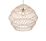 Een geweven hanglamp met een gloeilamp erin, met een natuurlijk vezelontwerp dat een koepelvorm vormt. Het ingewikkelde open weefpatroon creëert een gestructureerde, organische look, die subtiele schaduwen werpt.