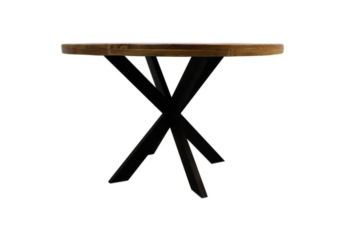 Ronde houten tafel met een donker X-vormig metalen onderstel, afgebeeld tegen een witte achtergrond.