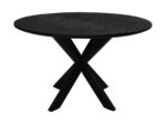 Een ronde zwarte tafel met een strak, minimalistisch design. Het heeft een glad tafelblad en wordt ondersteund door een kruisende X-vormige basis. De tafel heeft een moderne en elegante uitstraling, geschikt voor hedendaagse interieurs.