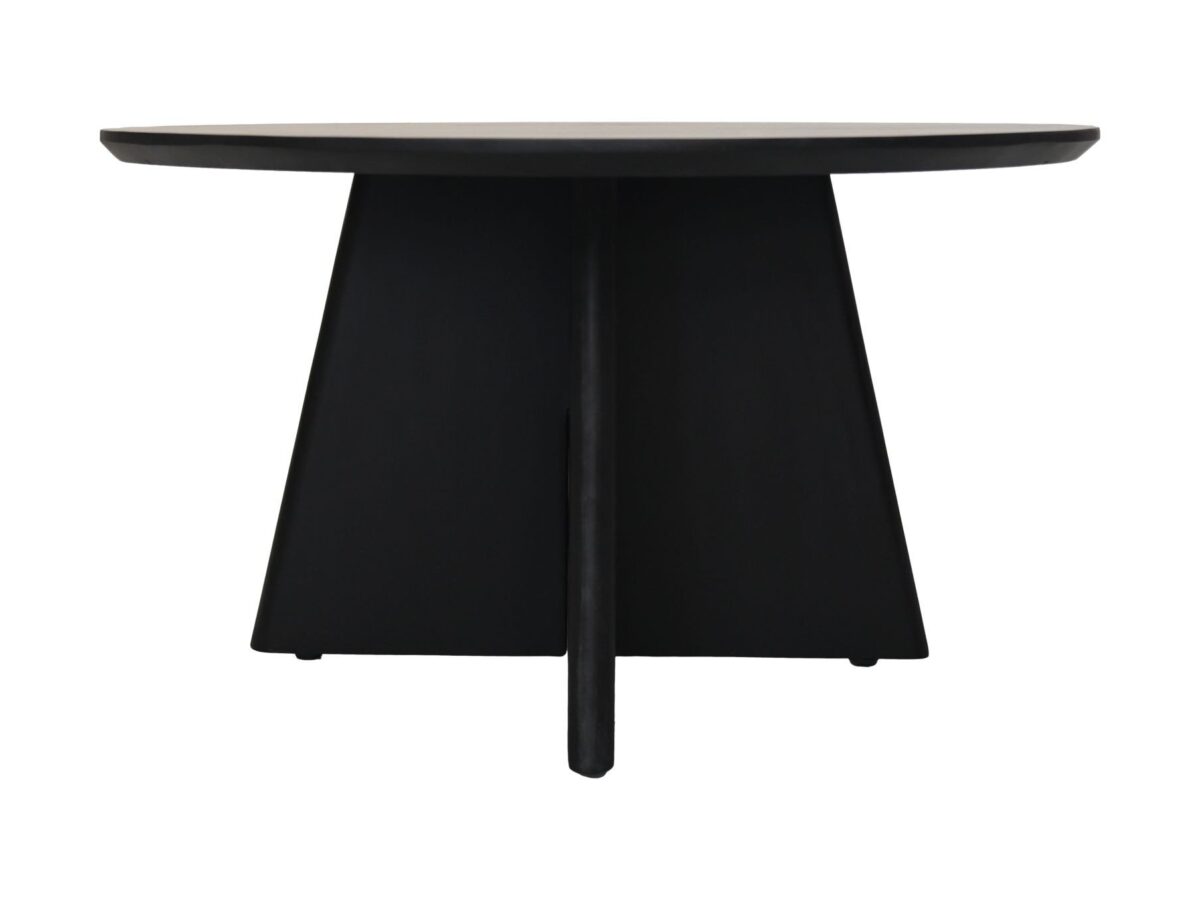 Een strakke, moderne ronde zwarte tafel met een brede, conische basis. Het tafelblad is glad en vlak, ondersteund door de stevige basis, wat een minimalistisch ontwerp creëert. De achtergrond is effen wit.