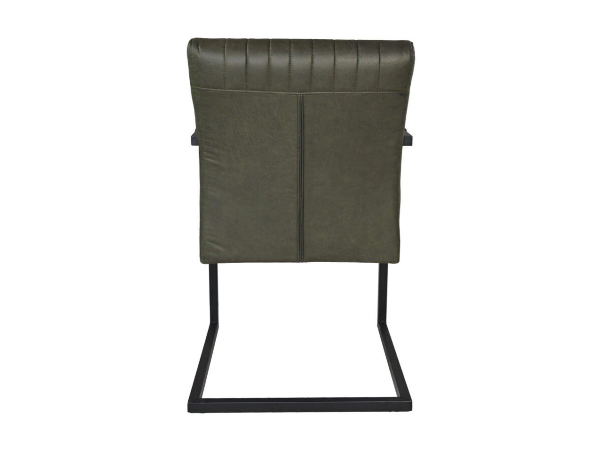 Achteraanzicht van een groene leren eetkamerstoel met verticale stiksels op de rugleuning. De stoel heeft een modern design met een zwarte metalen cantileverbasis.