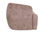 Zijaanzicht van een pluche, beige fauteuil met een gladde, afgeronde rug en zachte kussens. De stoel heeft een modern design, bekleed met een licht gestructureerde stof, geschikt voor een gezellige woonkamer.